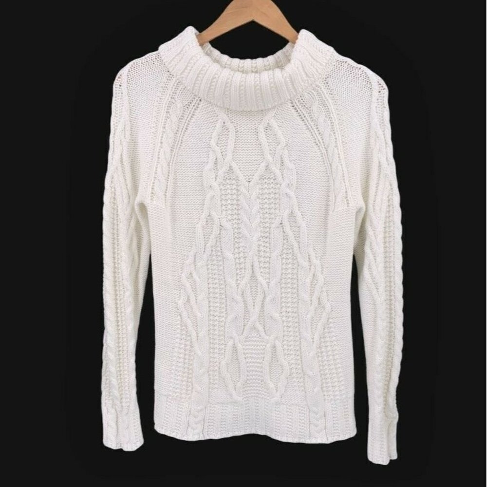 The Reeds White Cotton Cable Knit Turtleneck Sweater Size Small